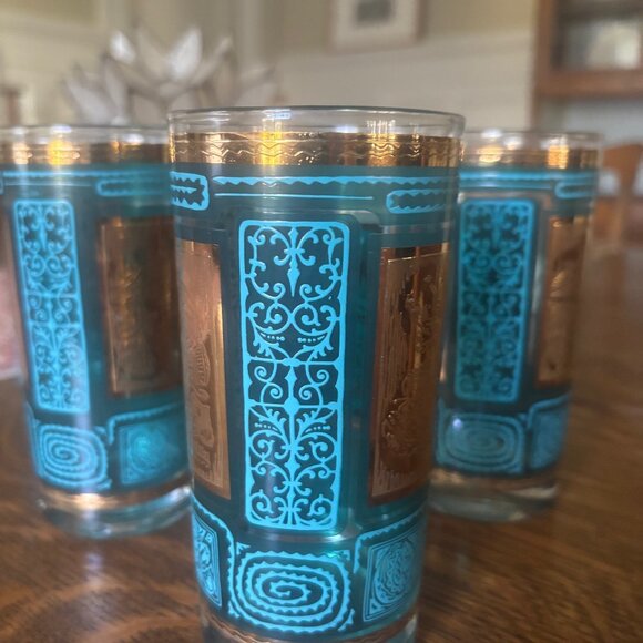 Probably Culver Other - Set of 5 Mid-Century 22K Gold & Turquoise Aztec Tumblers
